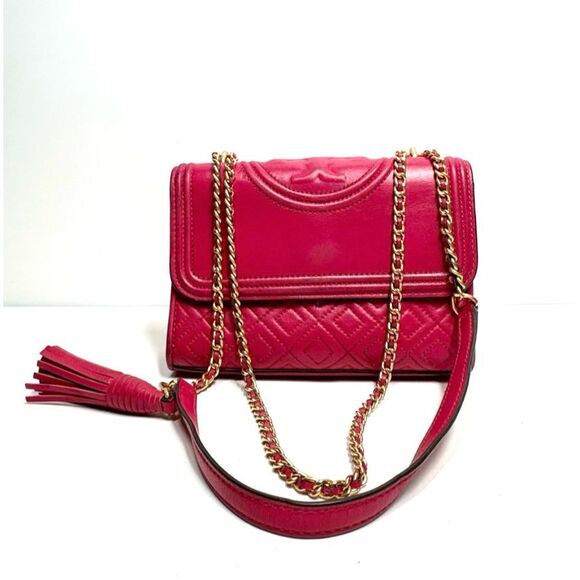 Tory Burch Fleming Quilted Magenta Convertible Shoulder Bag Gold Chain Tassel - Picture 1 of 11
